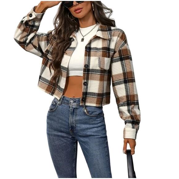 Lumberjane crop super soft Women's plaid textured flannel shacket Sz Small Fall - Picture 1 of 8